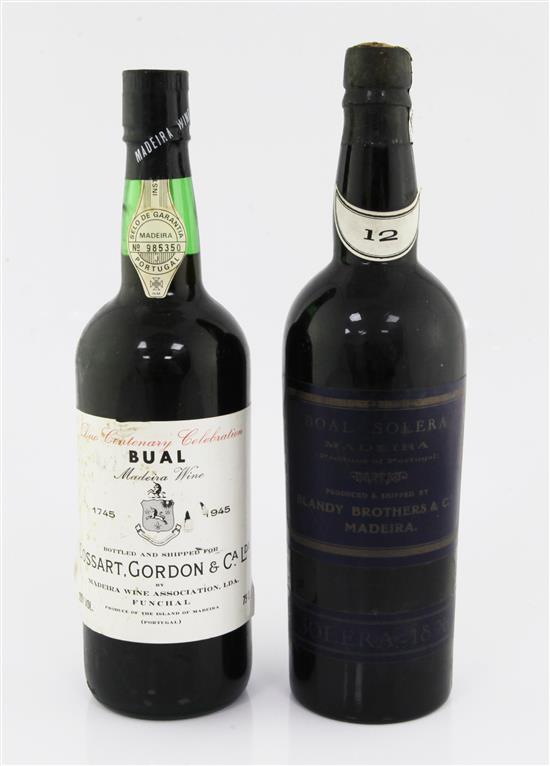A bottle of Blandys Boal Solera 1826 and a bottle of Cossarts Duo Centenary Celebration Bual.